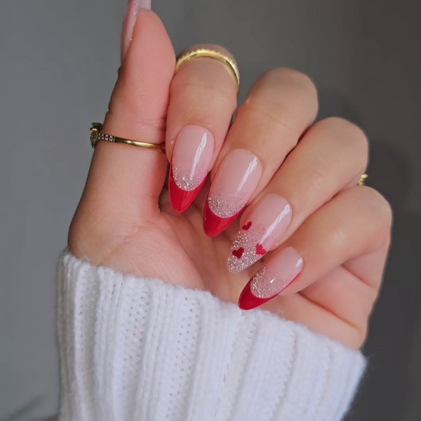 Deep Red French Tip Valentine’s Day Nails with Hearts & Glittery Accents