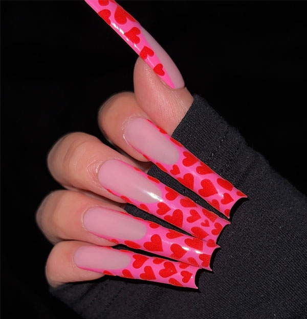 Red Heart-Styled Pink French Tips Acrylic, valentine's day nails, valentines nails