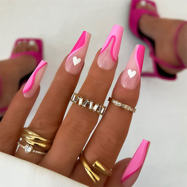 36 Cute Valentine’s Day Nails : Acrylic Vibrant Pink Swirl Nails with Hearts