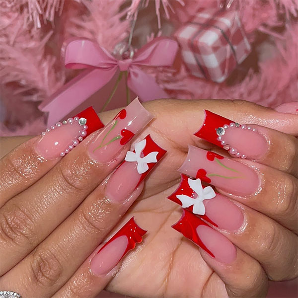 Bold Cherry and Bow French Tips, Valentine's nail art, Valentines nails, Valentine's day nails acrylic, red nails, valentines nails acrylic