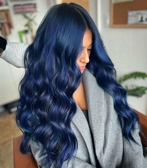 Ocean Blue Long Soft Waves, Dark Blue Hair Colour , Dark Blue Hair Colour Ideas, dark blue hair