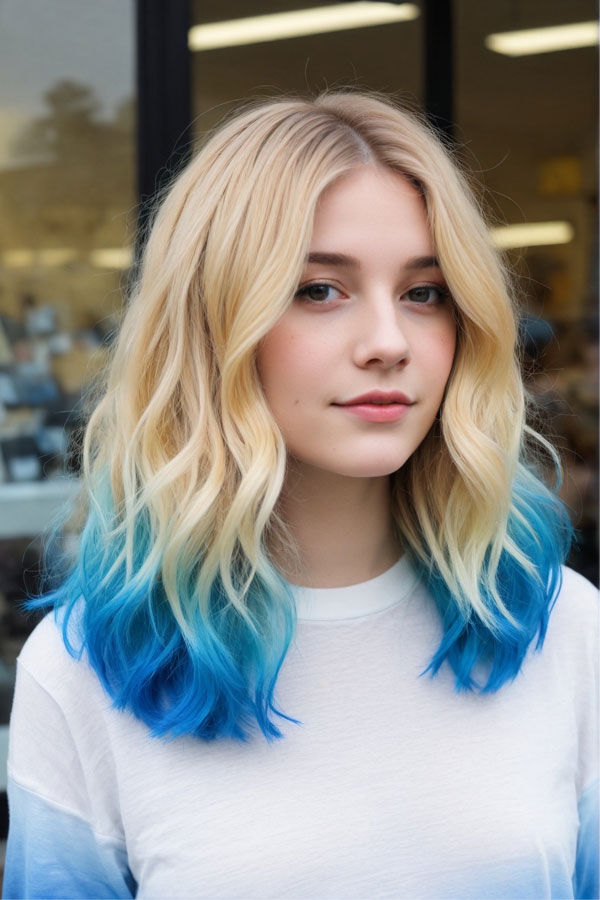 22 Trendy Hair Colours with Dip-Dye Ends : Sun-Kissed Blonde with Ocean Blue Tips