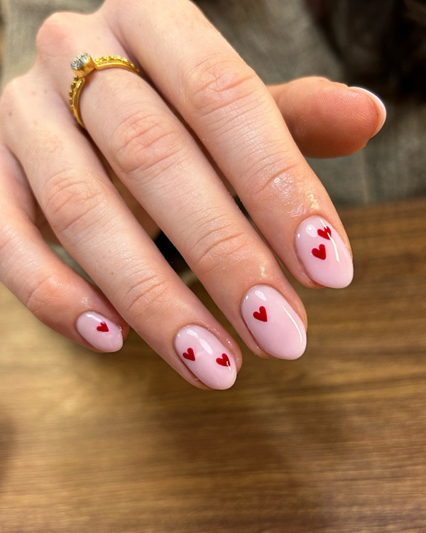 Simple Red Heart Valentine's Day Pink Nails, Valentine's Day Nails, cute Valentine's Day Nails, Valentine nails designs, Valentine nails acrylic