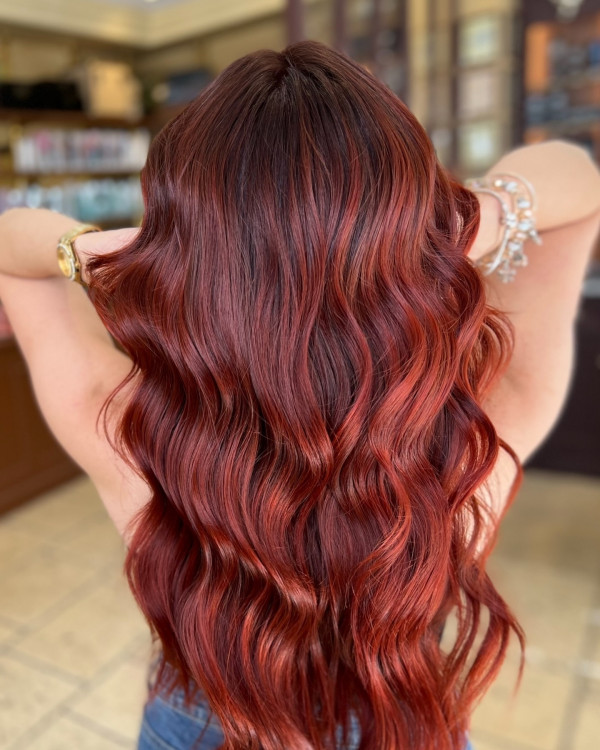 50 Stunning Warm Hair Colour Ideas : Deep Ruby Red Long Flowing Waves