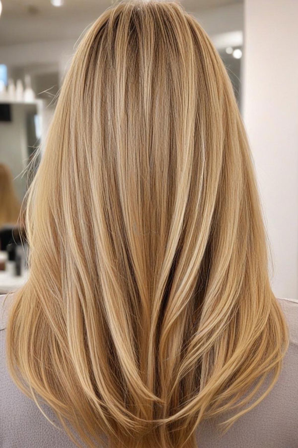 Warm Golden Honey Blonde Medium-Length Layers