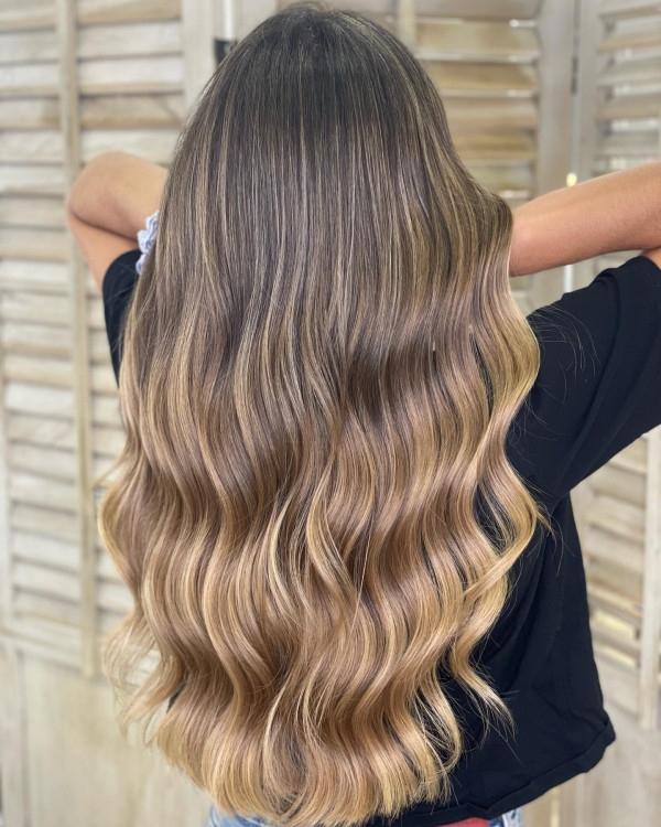 Dark Golden Honey Balayage with Flowing Waves