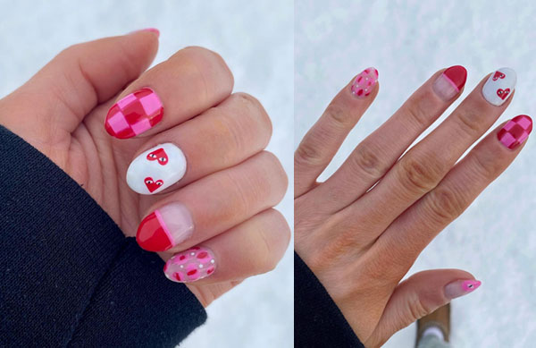 Playful Pink Checkerboard and Hearts Valentine's Day Nails