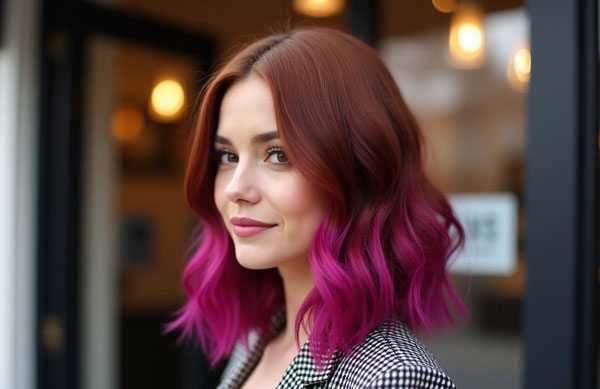 Copper Lob with Raspberry Ombre Waves, Hair Colours with Dip-Dye Ends, Hair Colour Ideas with Dip-Dye Tips, dip-dyed hair colour ideas, dip dye hair