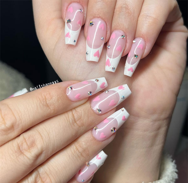 36 Cute Valentine’s Day Nails : Acrylic French Tips with Light Pink Love Hearts