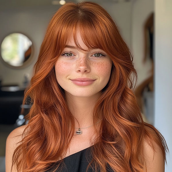 50 Stunning Warm Hair Colour Ideas : Copper Sunset Layers with Curtain Bangs