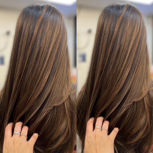 Hair Colour Highlights : Toffee Brown Foilyage on Sleek Layers