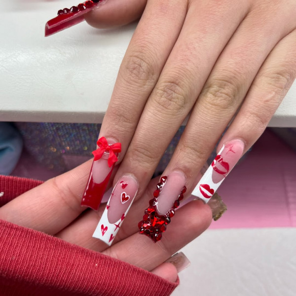 30 Valentine’s Day Nails Acrylic : Red and white Mix with Hearts, Lips, Bows, and Gems