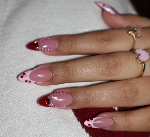 Elegant Cherry Beaded French Tip Valentine's Day Nails, Valentine's Day Nails, cute Valentine's Day Nails, Valentine nails designs, Valentine nails acrylic