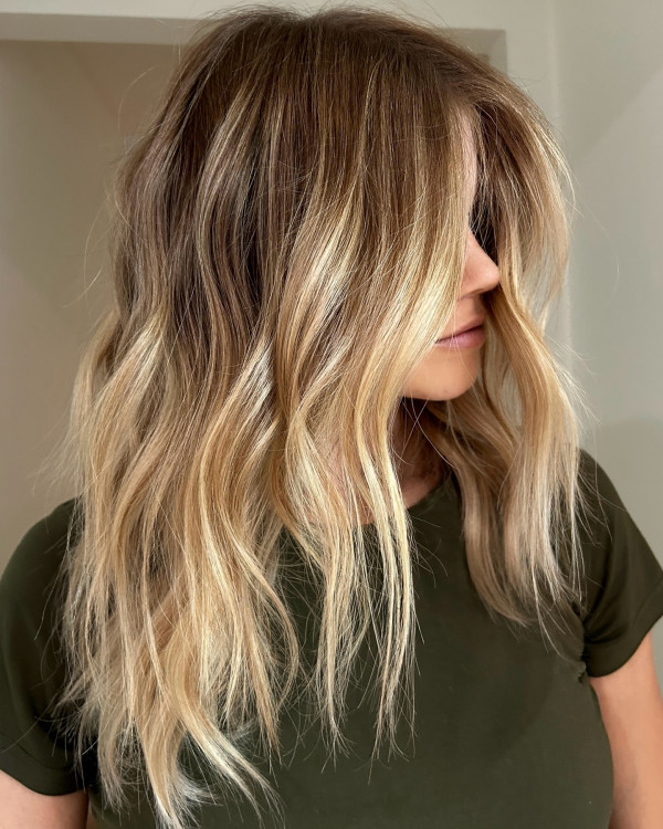 Textured Honey Blonde Shoulder Length with Sun-Kissed Highlights, golden blonde hair colour, blonde hair colour, golden blonde hair