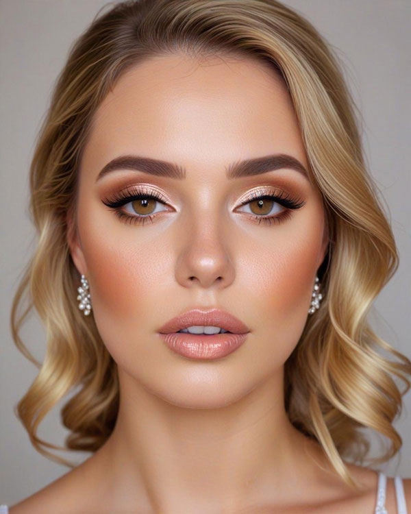 20 Soft Glam Bridal Makeup Looks : Soft Doe-Eyed Effect with Glossy Peach Nude Lips