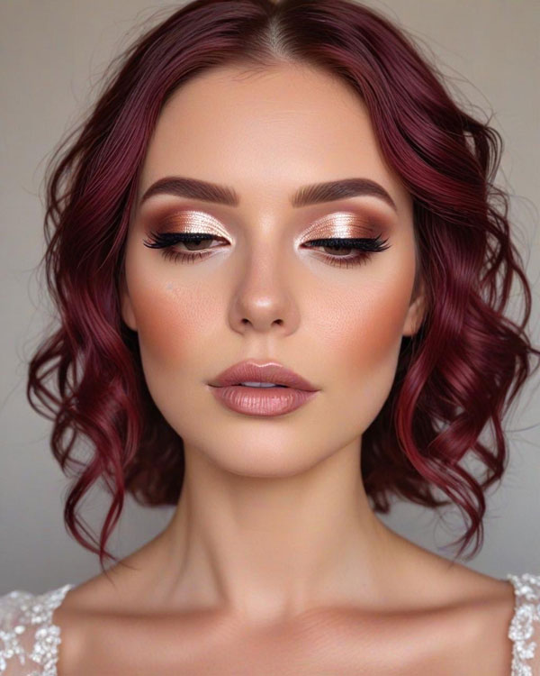 20 Soft Glam Bridal Makeup Looks : Copper Eye Makeup for Berry Bride