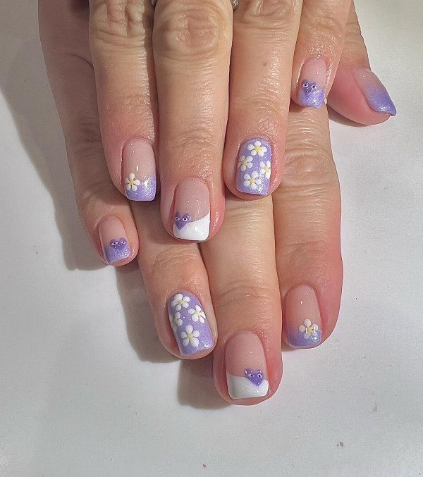 Lavender Daisy and Comme des Garçons Accented Nails, Comme des Garçons lilac short nails, Valentines day nails, Red French Tips with Comme des Garçons Accent, Red Comme des Garçons-Inspired French Tip Nails , Comme des Garçons Tip Nude Nails, minimalist Comme des Garcons nails