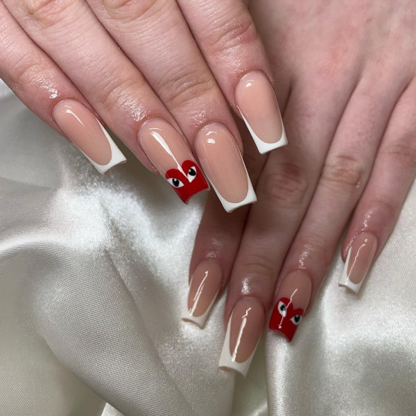 Acrylic White French Nails with Comme des Garçons Accent