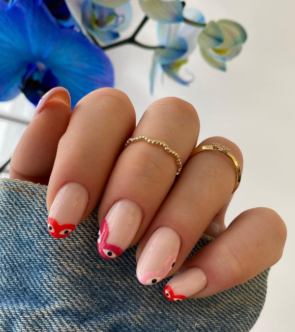 Pink and Red Comme des Garçons-Inspired French Tip Nails , Comme des Garçons Tip Nude Nails, minimalist Comme des Garcons nails