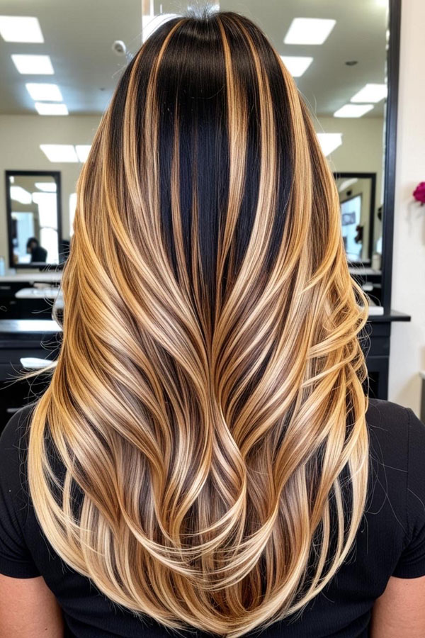 Golden Caramel Strands on Midnight Black, Honey blonde highlight, dark hair with blonde highlights