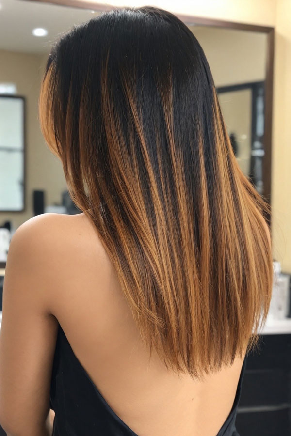 Amber Highlights on Jet Black Base Straight Hair