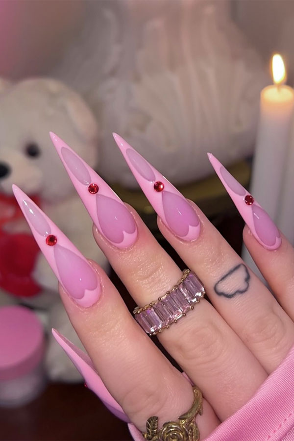 30 Valentine’s Day Nails Acrylic : Pink Cut-Out Heart Stiletto Nails