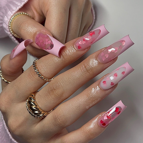 30 Valentine’s Day Nails Acrylic : Encapsulated Confetti Heart Pink Tip Nails