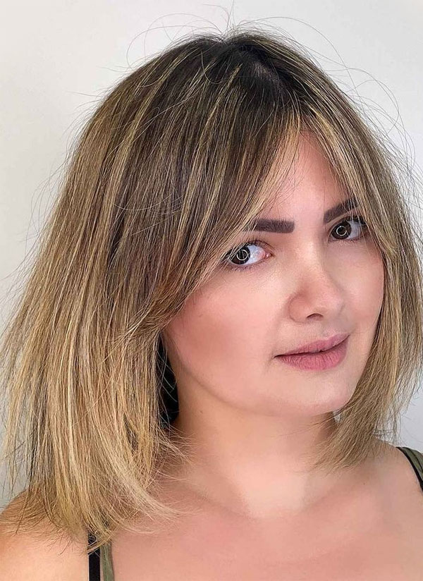 30 Flattering Long Bob Haircuts for Chubby Faces : Tousled Lob with Wispy Curtain Bangs