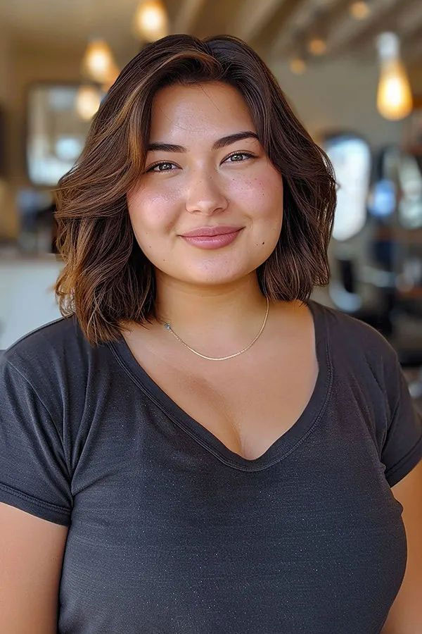 30 Flattering Long Bob Haircuts for Chubby Faces : Brunette Bouncy Layered Lob with Soft Waves