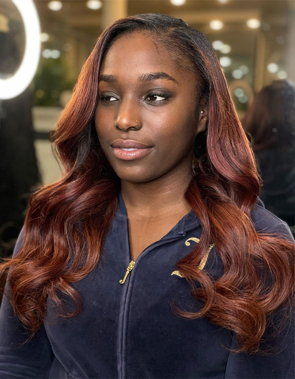 32 Glam Long Hairstyles For Black Women : Auburn Wave Look