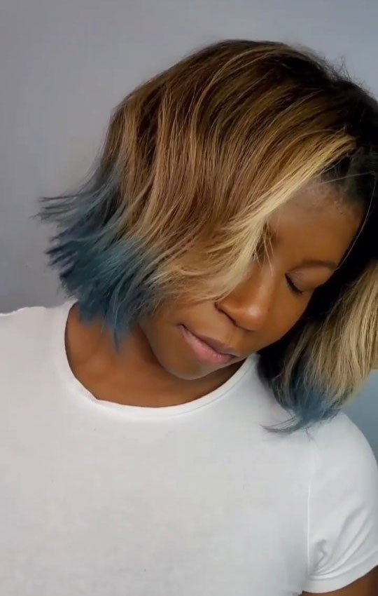 35 Fabulous Bob Hairstyles For Black Women : Blonde Bob with Teal-Blue Tips