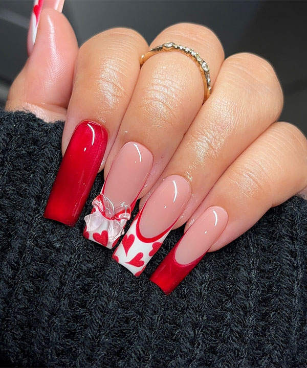 30 Valentine’s Day Nails Acrylic : Red Nails and White Tip Nails with Red Hearts