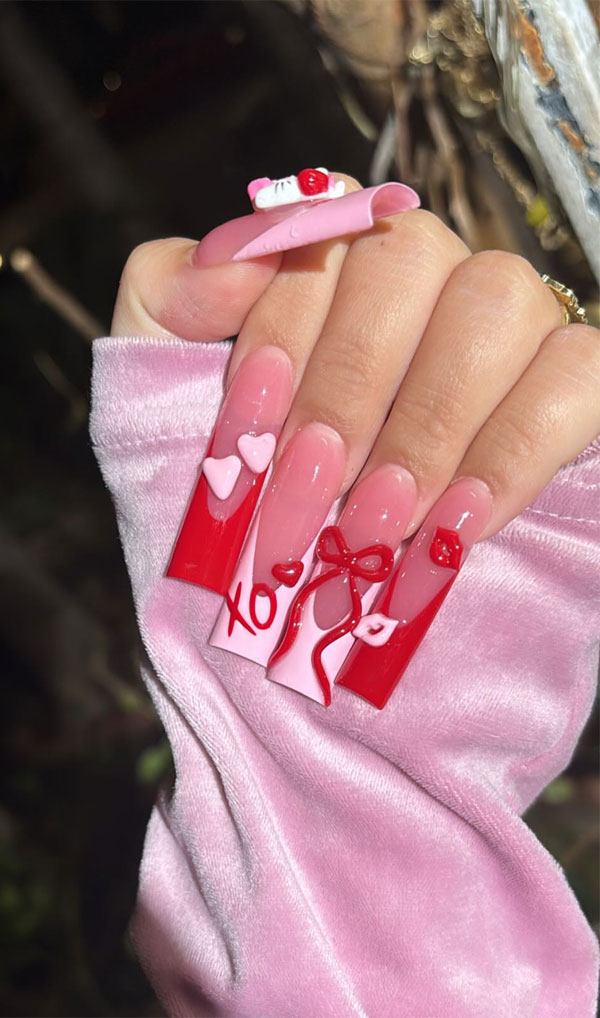 30 Valentine’s Day Nails Acrylic : Red and White Tips with Bow, Hearts & XO