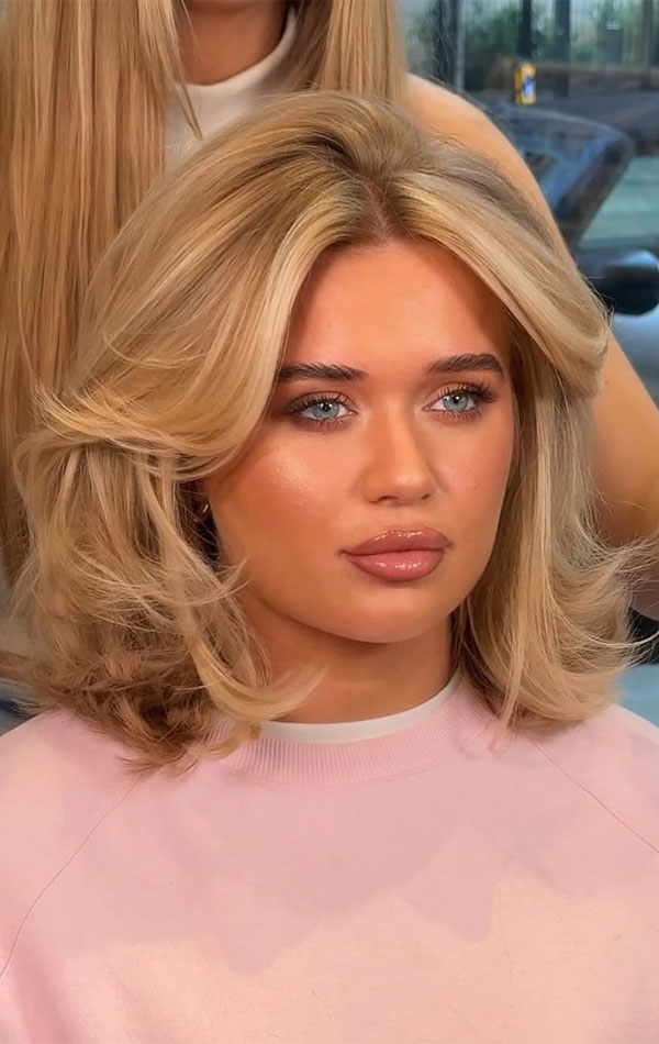 30 Flattering Long Bob Haircuts for Chubby Faces : Warm Blonde Lob with Curtain Bangs