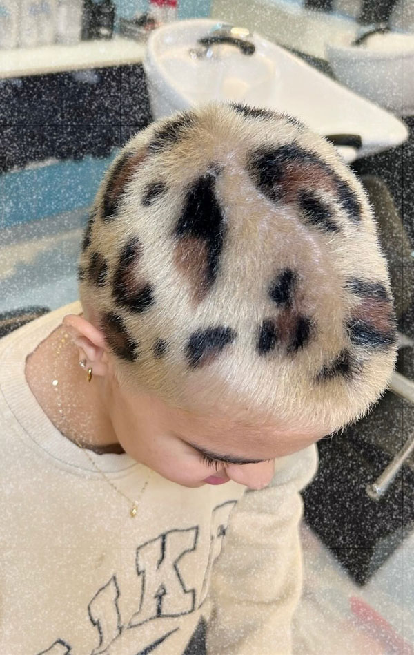 20 Creative Dyed Buzz Cut Patterns for Women : Wild Leopard Print Buzz Cut