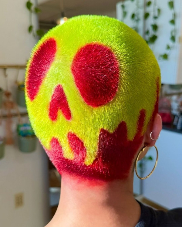 20 Creative Dyed Buzz Cut Patterns for Women : Toxic Slime Skull Buzz Cut