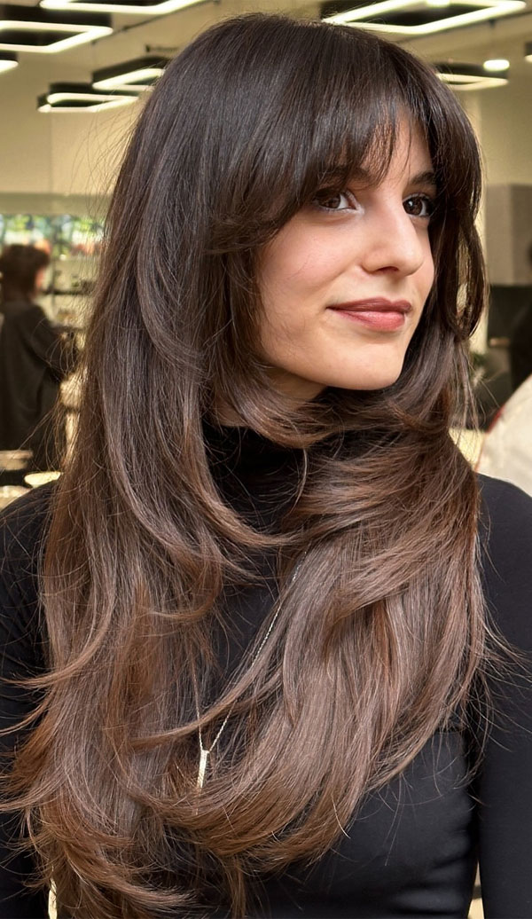 38 Best Long Shag Haircuts For A Lived-In Look : Feathered Brunette Shag