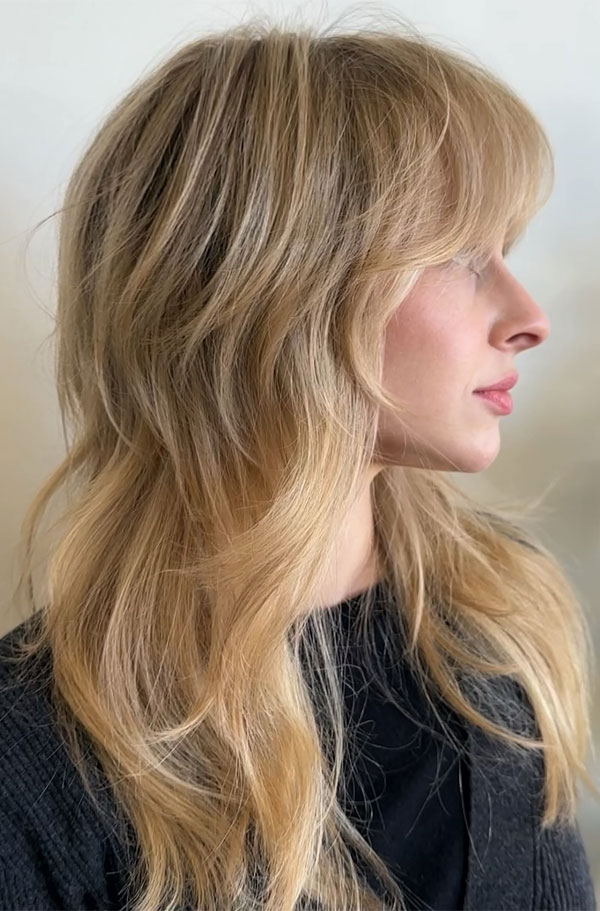 38 Best Long Shag Haircuts For A Lived-In Look : Soft Honey Blonde Layered Shag