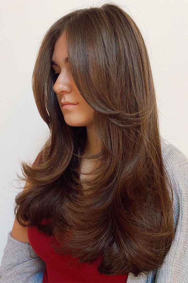 30 The Best Long Haircuts for Fine Hair to Add Volume : Sleek Brunette Layers with Face-Framing