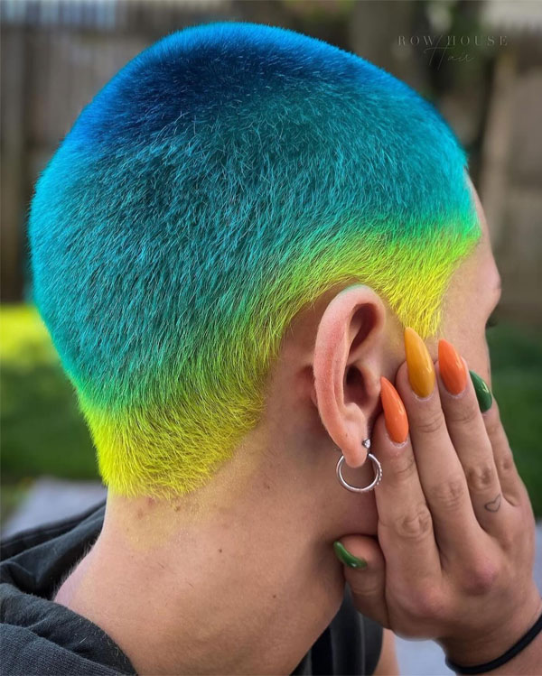 38 Vivid Ombré Hair Colour Ideas : Neon Blue To Yellow Ombré Buzz Cut