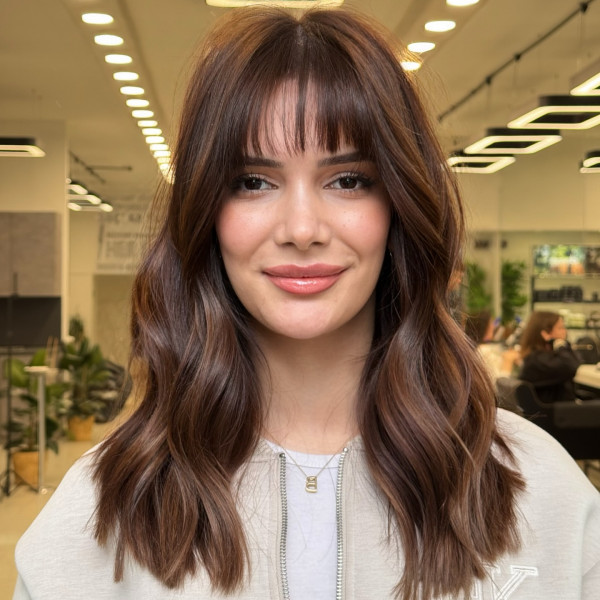 30 Beautiful Brown Hair Ideas for Every Skin Tone : Chestnut Brown with Soft Fringe