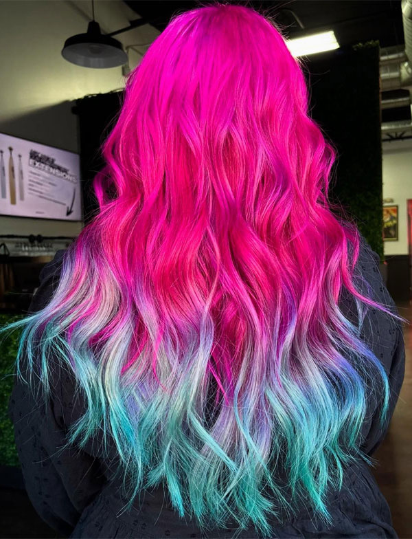 38 Vivid Ombré Hair Colour Ideas : Electric Mermaid Neon Pink To Aqua Blue 