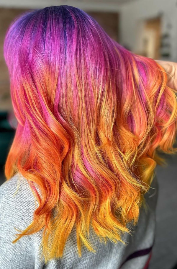 38 Vivid Ombré Hair Colour Ideas : Fiery Sunset Long Waves