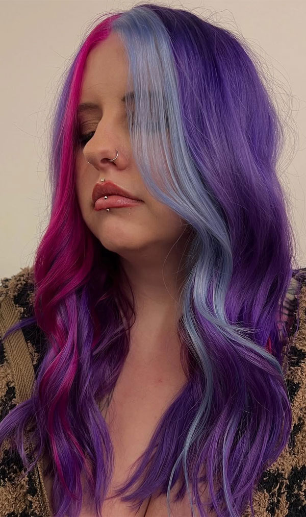 40 Shades of Hair Colours That Make a Statement : Split-Tone Purple & Pink with Ice Blue Streaks