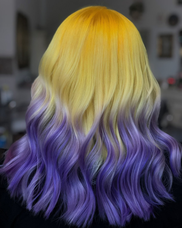 30 Bright Vibrant Hair Colour Ideas That Will Turn Heads : Yellow Hair with Lavender Tips