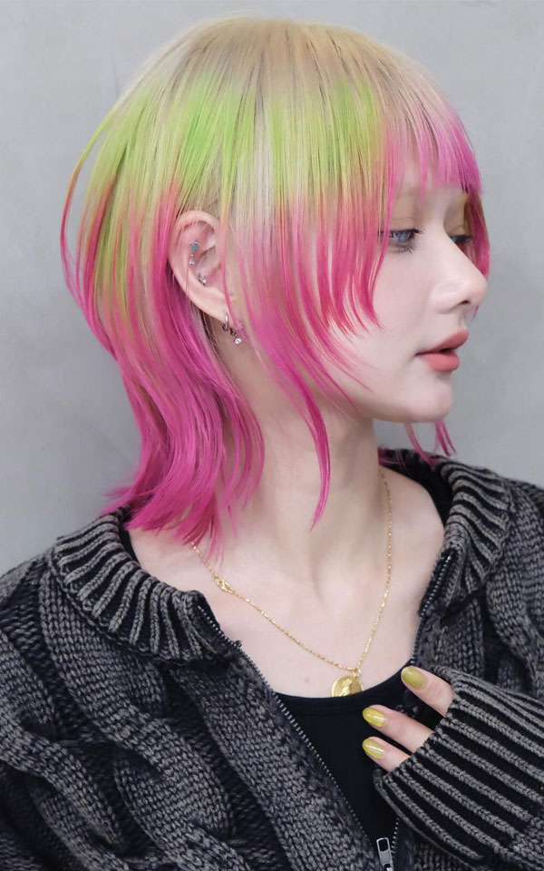 30 Bright Vibrant Hair Colour Ideas That Will Turn Heads : Pastel Pop Mullet with Neon Edges