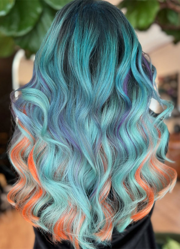 30 Bright Vibrant Hair Colour Ideas That Will Turn Heads : Ocean Hue with Orange Tips