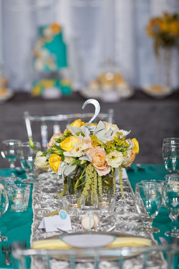 Aqua yellow wedding tablescape