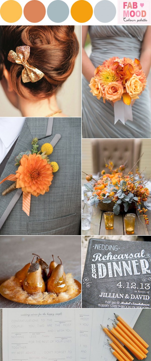 orange grey wedding ideaas,fabmood, marigold pewter wedding