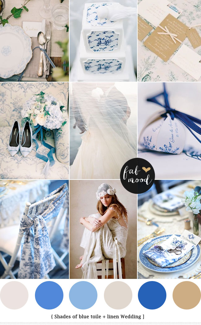 Linen & Blue Toile Wedding Palette : see more - https://fabmood.com/linen-blue-toile-wedding/ blue toile wedding invitations,toile wedding dress,toile wedding decor,toile wedding cake,toile wedding programs,toile wedding linens,blue wedding colors
